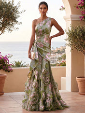 Botanical Party Sage Green Floral One-Shoulder Formal Evening Gown