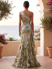 Botanical Party Sage Green Floral One-Shoulder Formal Evening Gown