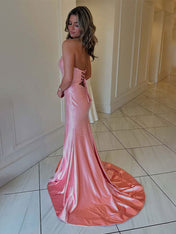 Hot Pink Mermaid Strapless Long Prom Dress with Beads