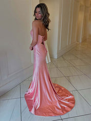 Hot Pink Mermaid Strapless Long Prom Dress with Beads