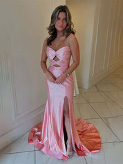 Hot Pink Mermaid Strapless Long Prom Dress with Beads