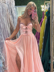Royal Blue A-Line Strapless Bows Long Prom Dress with Slit