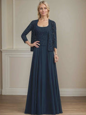 Robe de mère de la mariée trapèze carrée, longueur au sol, en mousseline de soie et dentelle, avec paillettes 