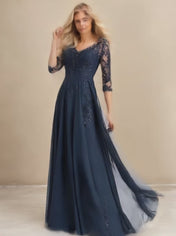 A-line V-Neck Floor-Length Lace Chiffon Mother of the Bride Dress With Sequins