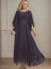 A-line Scoop Illusion Ankle-Length Lace Chiffon Mother of the Bride Dress With Sequins