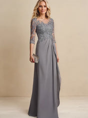 A-line Scoop Illusion Floor-Length Chiffon Lace Mother of the Bride Dress With Beading Sequins Cascading Ruffles