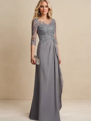 Robe de mère de la mariée trapèze en mousseline de soie et dentelle, longueur au sol, avec perles, paillettes et volants en cascade 