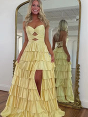 A Line Strapless Sweetheart Satin Prom Dress with Keyhole