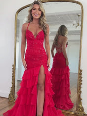 Sparkly Mermaid Spaghetti Straps Lace Prom Dress with Ruffle Skirt