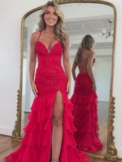 Sparkly Mermaid Spaghetti Straps Lace Prom Dress with Ruffle Skirt