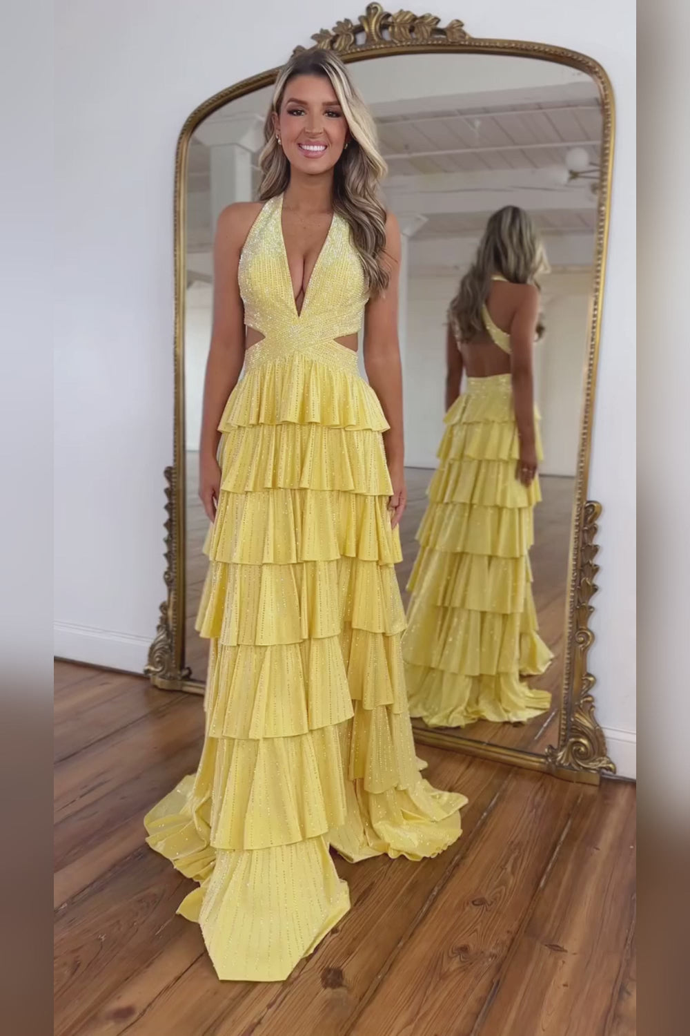 Sparkly A Line Tiered Beaded Corset Long Prom Dress with Slit