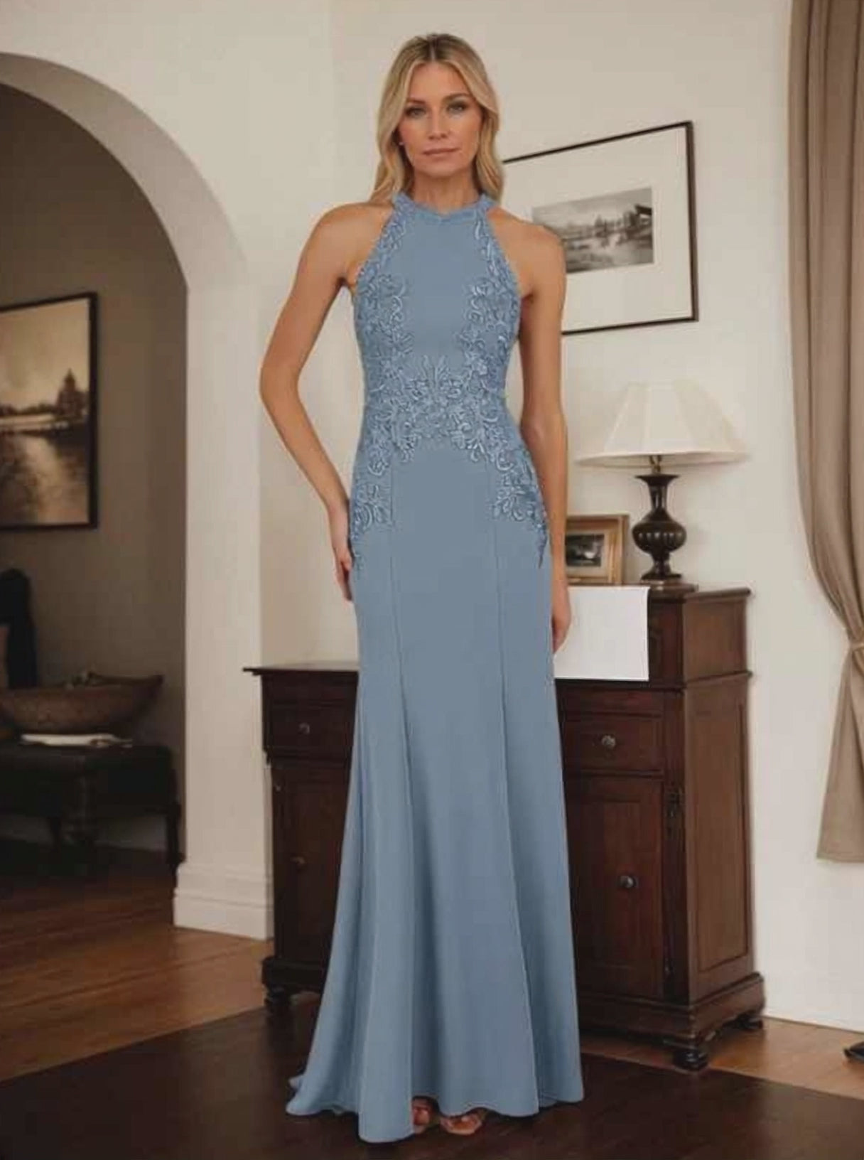 Dusty Blue Sheath Halter Long Mother of Bride Dress With Appliques