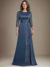 A-Line Scoop Floor-Length Lace Satin Mother Of the Bride Dress With Applique