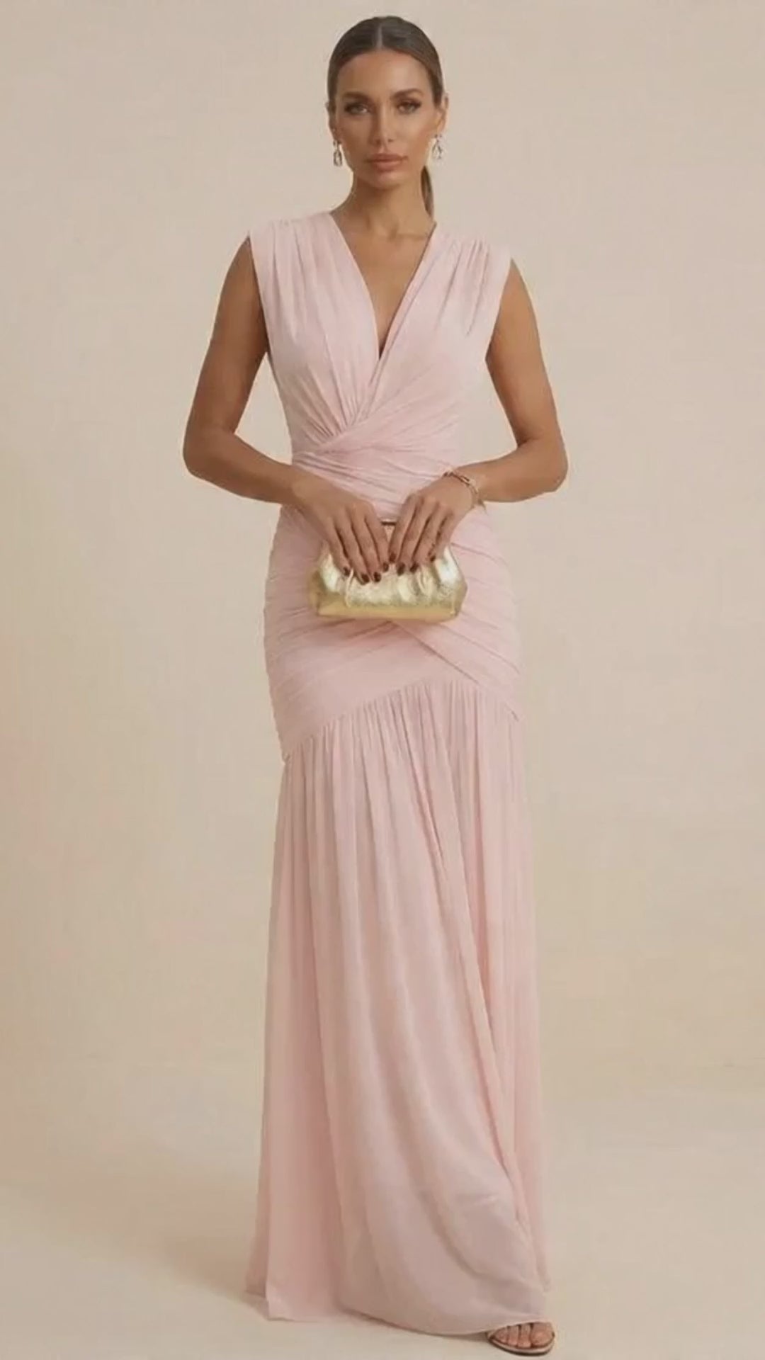 Pink Regular Straps V Neck Chiffon Pleat Mermaid Maxi Dress