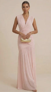 Pink Regular Straps V Neck Chiffon Pleat Mermaid Maxi Dress