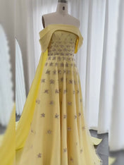 Yellow Star Embellished Off-the-Shoulder Long Prom Dress