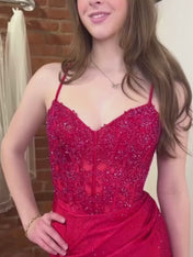 Red Sequin Spaghetti Straps Corset Prom Dress with High Slit