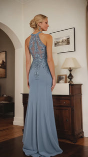 Dusty Blue Sheath Halter Long Mother of Bride Dress With Appliques