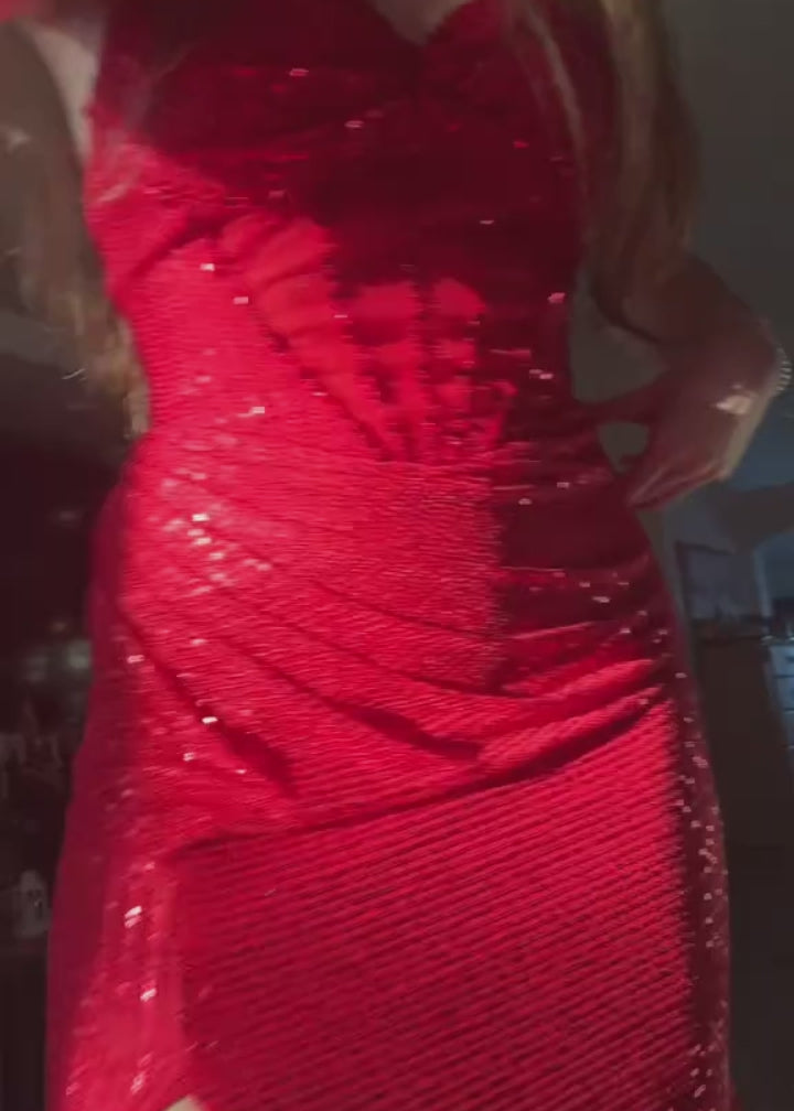 Sparkly Red Mermaid Spaghetti Straps Long Prom Dresses with Slit