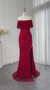 Red Shimmer Off-Shoulder Long Prom Dress with High Slit
