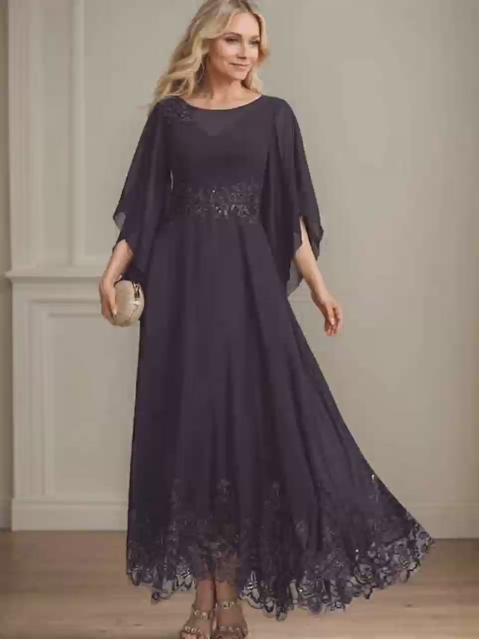 A-line Scoop Illusion Ankle-Length Lace Chiffon Mother of the Bride Dress With Sequins