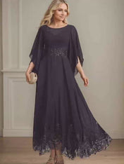 A-line Scoop Illusion Ankle-Length Lace Chiffon Mother of the Bride Dress With Sequins