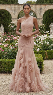 Sweetheart Tulle Pleat One Shoulder Mermaid Evening Dresses Gown with 3D Flower