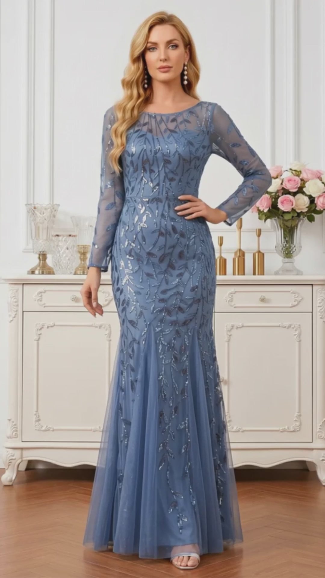 Sequin Leaf Embroidered Long Sleeve Mermaid Mother of the Bride Dress Maxi Dress