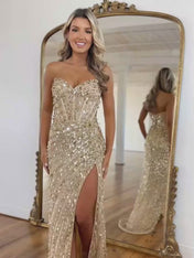 Sweetheart Mermaid Sequins Long Prom Dress with Slit