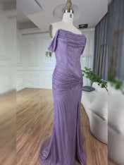 Glitter Lavender Off The Shoulder Shimmer Ruched Prom Dress with Slit
