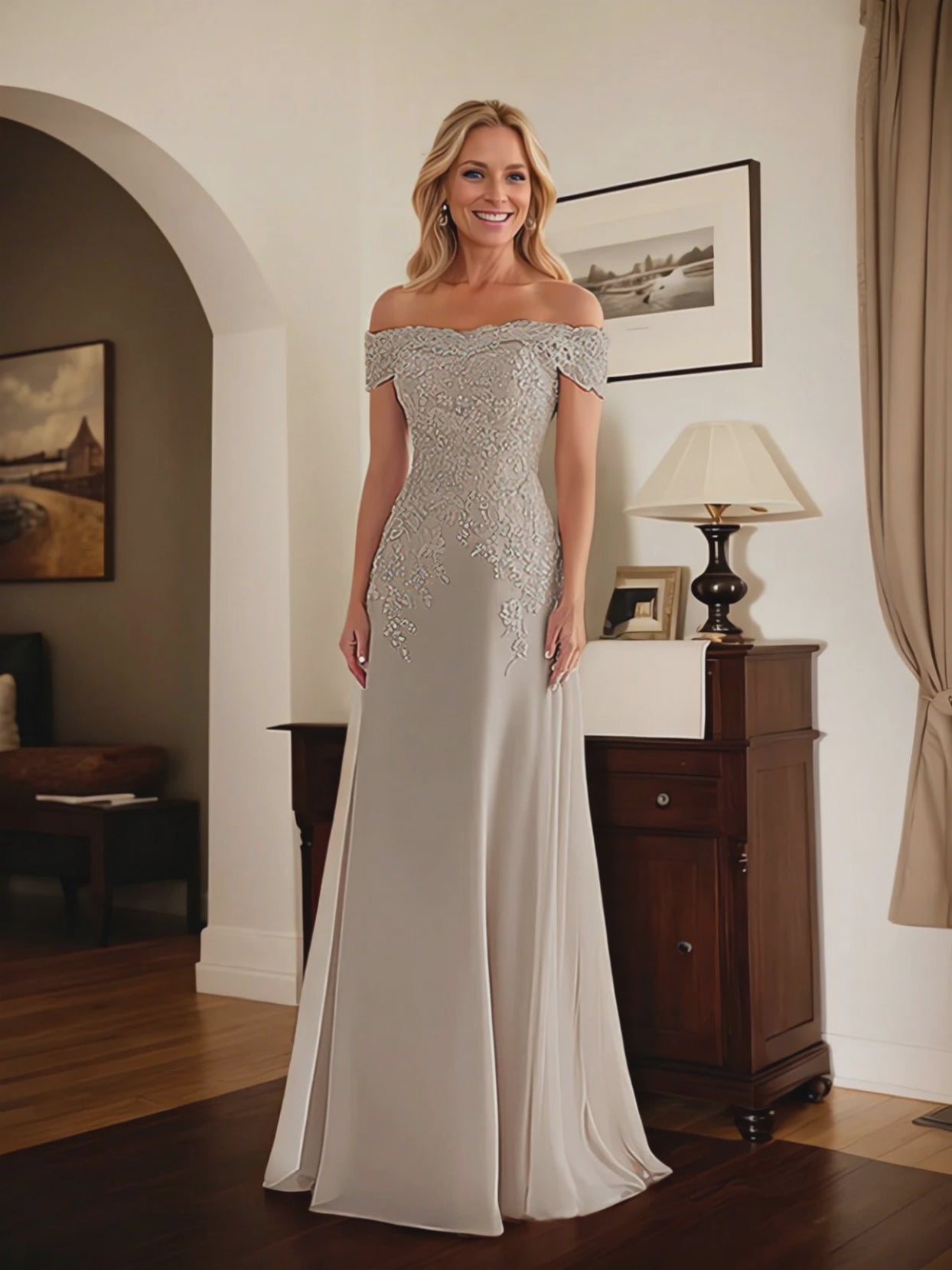 Elegant Taupe Off The Shoulder Sheath Mother of the Bride Dress with Lace