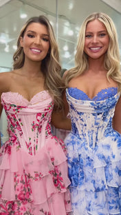 Pink A-Line Strapless Sweetheart Print Tiered Tulle Long Prom Dress with Slit