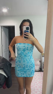 Blue Strapless Bodycon Beaded Floral Short Homecoming Dress