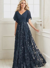 A-line V-Neck Floor-Length Lace Sequin Chiffon Mother of the Bride Dress With Pleated