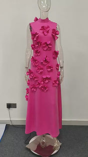 A Line High Neck Sleeveless Floor Length Stretch Crepe Dress With 3D Flowers
