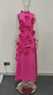 A Line High Neck Sleeveless Floor Length Stretch Crepe Dress With 3D Flowers
