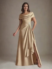 A-Line Scoop Floor-Length Stretch Satin Mother of the Bride Dress With Cascading Ruffles