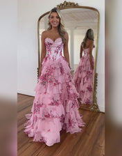 Pink A-Line Strapless Sweetheart Print Tiered Tulle Long Prom Dress with Slit