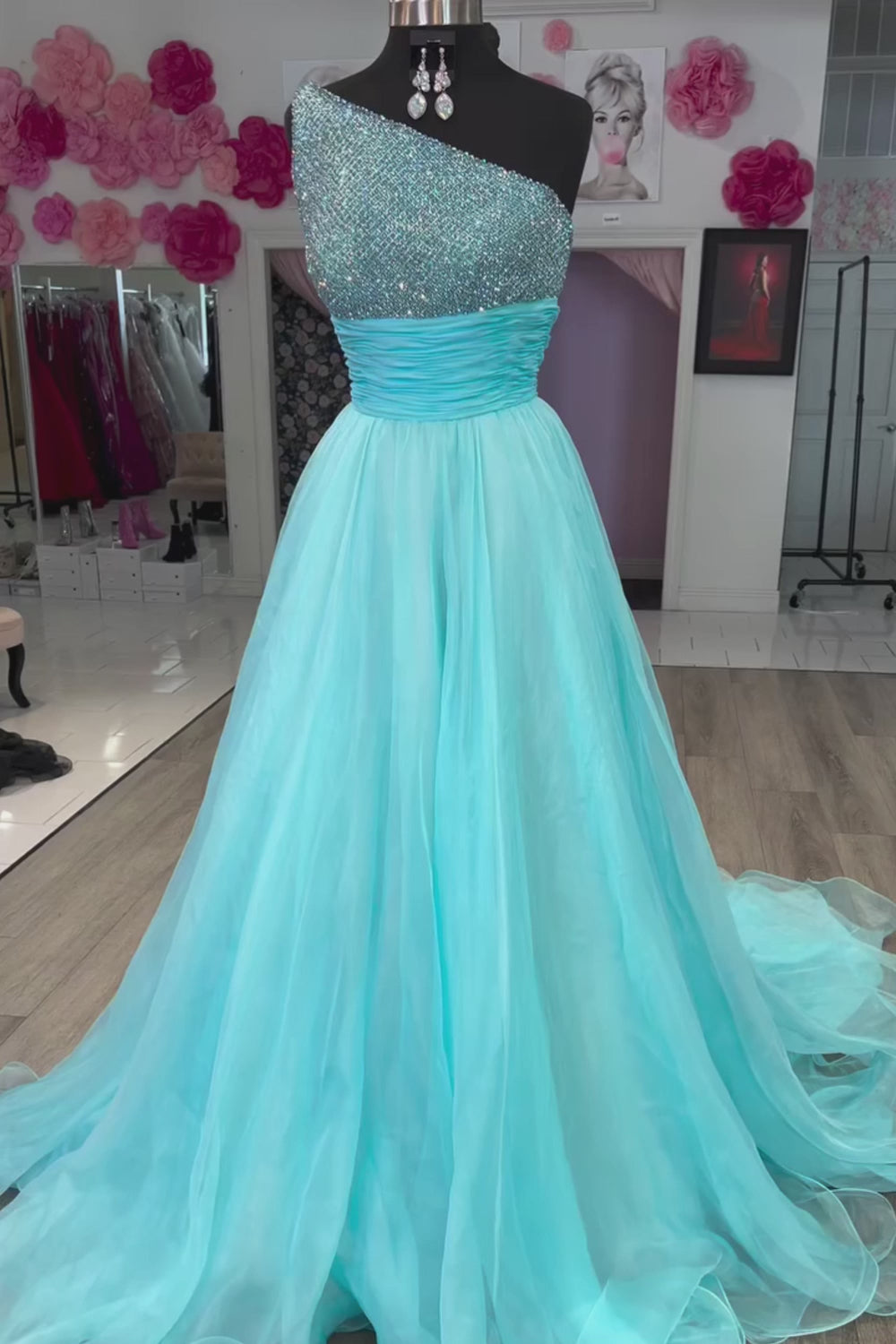 Sparkly A Line One Shoulder Long Prom Dress with Beading