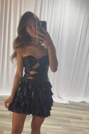 A Line Strapless Cut Out Tiered Metallic Short Homecoming Dress