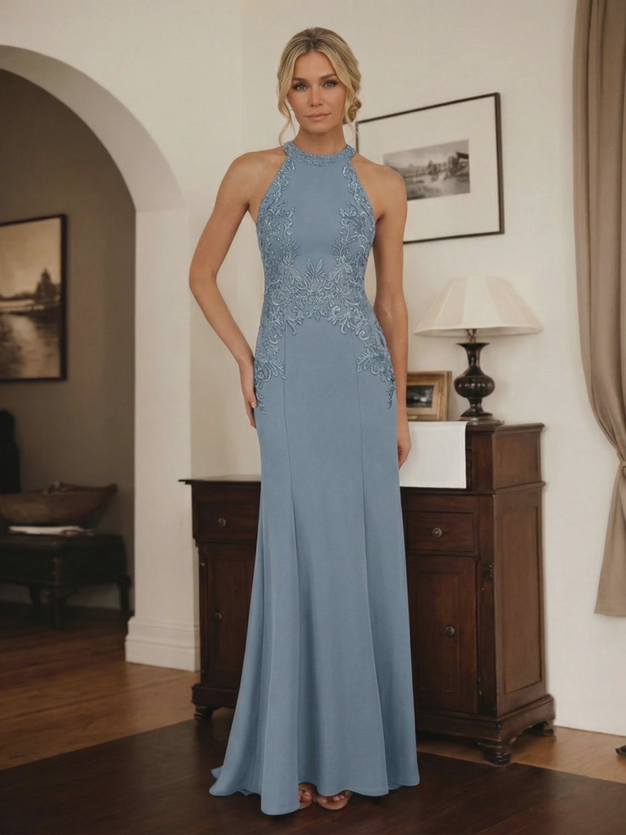 Dusty Blue Sheath Halter Long Mother of Bride Dress With Appliques