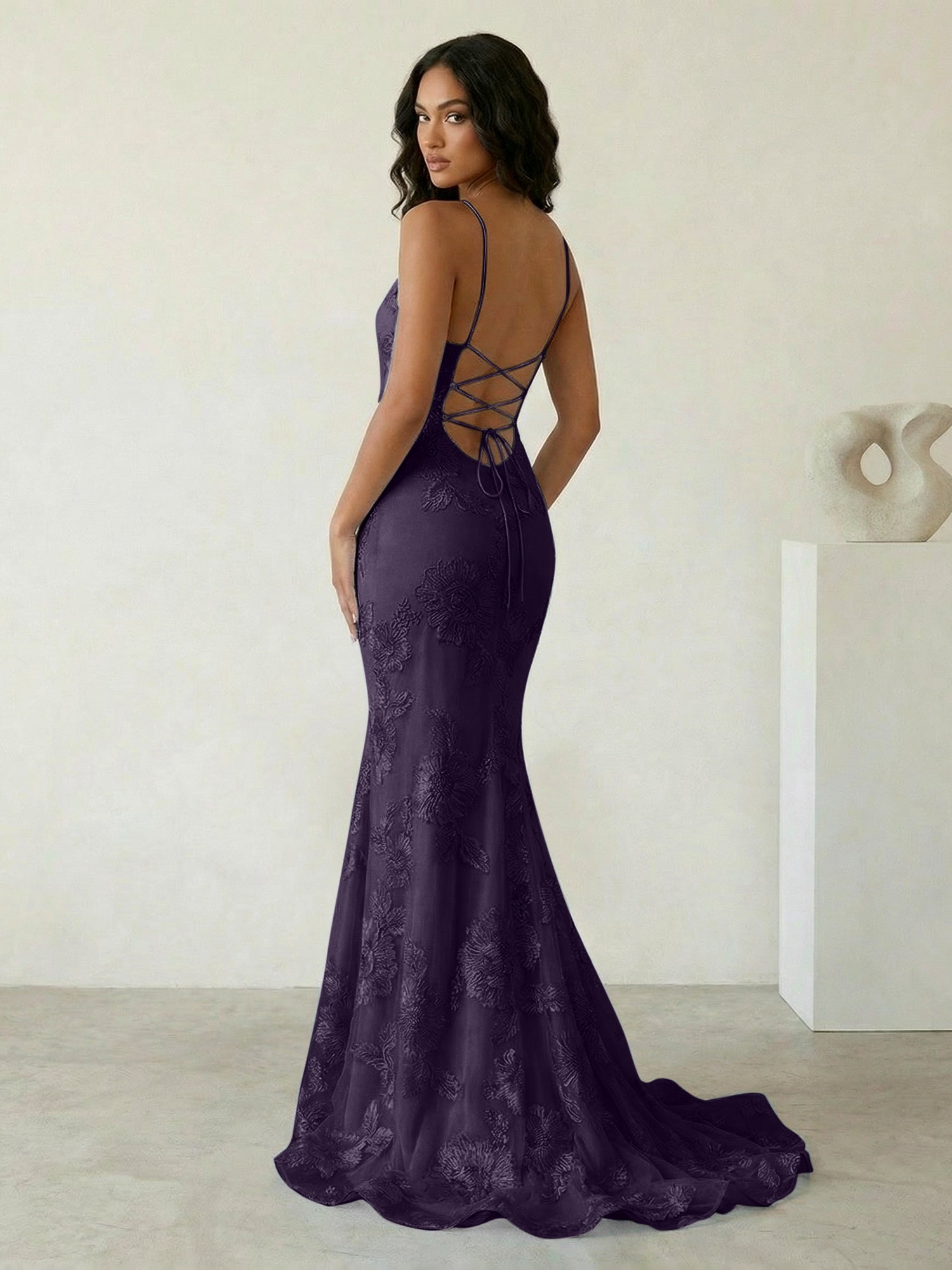 Light Blue Floral Embroidered Spaghetti Strap Prom Dresses