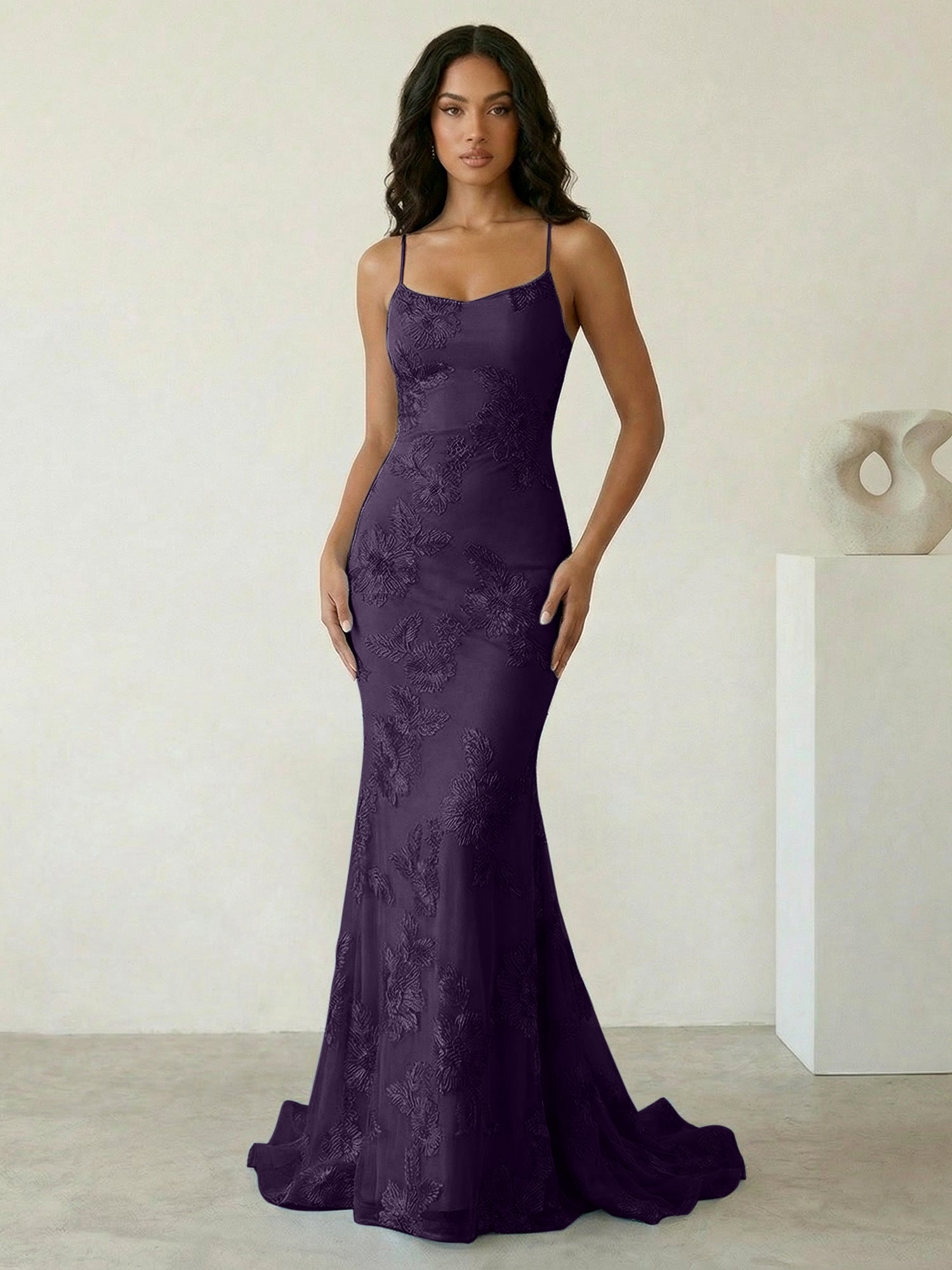 Light Blue Floral Embroidered Spaghetti Strap Prom Dresses