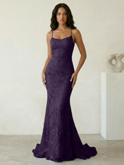 Light Blue Floral Embroidered Spaghetti Strap Prom Dresses