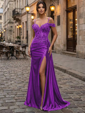 Emerald Green Beaded Corset Satin Long Prom Dress