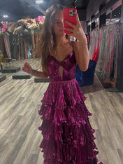 Purple A Line Spaghetti Straps Ruffle Tiered Prom Dress