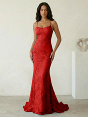 Light Blue Floral Embroidered Spaghetti Strap Prom Dresses