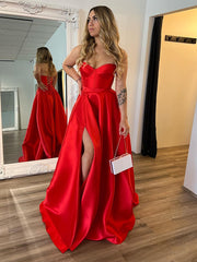Red A Line Strapless Sweetheart Satin Long Prom Dress with Slit