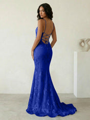 Light Blue Floral Embroidered Spaghetti Strap Prom Dresses