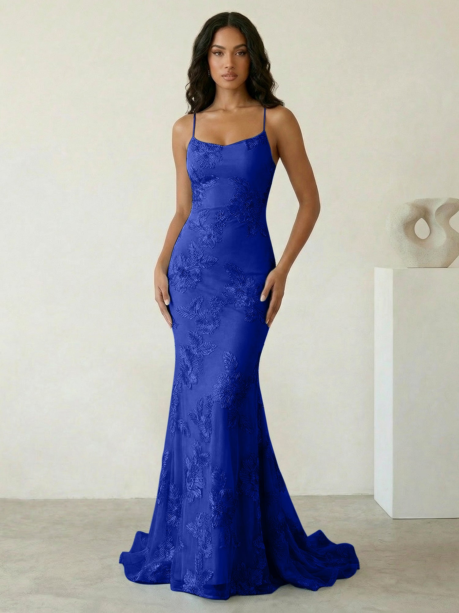 Light Blue Floral Embroidered Spaghetti Strap Prom Dresses